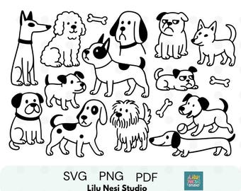 Set di cani SVG PNG / Clipart di cani carini / Disegno in bianco e nero / Pagina da colorare di animali domestici / Illustrazione di contorno di cucciolo / Design artigianale per amanti dei cani