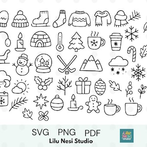 May include: Black and white line art illustrations of winter-themed objects, including mittens, a hat, ice skate, sock, sweater, scarf, snowflake, headphones, candle, igloo, thermometer, Christmas tree, coffee cup, and more. The image includes the text "SVG PNG PDF" and "Lilu Nesi Studio".