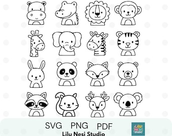 Line Drawing Animal Clipart Bundle - Cute Cartoon Doodle Animals, Black and White SVG PNG, Digital Stickers,Cricut, Coloring Pages, Clip Art