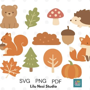 May include: A set of autumn-themed illustrations including a bear, squirrel, fox, hedgehog, mushroom, acorn, pumpkin, leaves, and trees. The illustrations are in shades of brown, orange, and green, with the text "SVG PNG PDF" and "Lilu Nesi Studio".