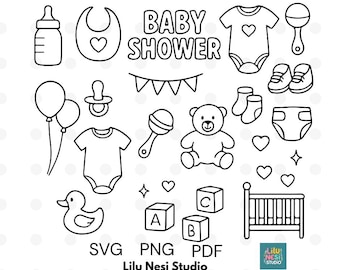 Ensemble SVG pour baby shower | Clipart bébé griffonnage | Icônes de baby shower | Silhouette Cricut PNG PDF
