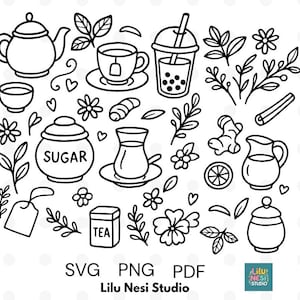 Puede incluir: Ilustración en blanco y negro de elementos relacionados con el té. Incluye una tetera, tazas de té, un vaso de té de burbujas, un azucarero, una caja de té, flores, hojas, jengibre, una rodaja de limón y una jarra de crema. También está presente el texto "SVG PNG PDF" y "Lilu Nesi Studio".