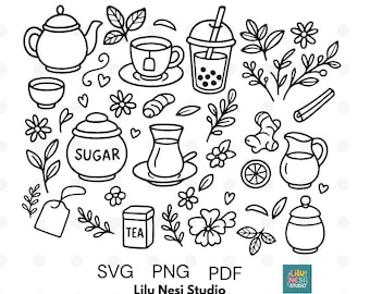 May include: Black and white line art illustration of tea-related items. Includes a teapot, teacups, a bubble tea cup, sugar bowl, tea box, flowers, leaves, ginger, a lemon slice, and a creamer. The text "SVG PNG PDF" and "Lilu Nesi Studio" are also present.