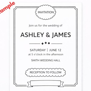 May include: A monochrome wedding invitation featuring the names Ashley & James. The invitation includes the date, time, and location of the wedding, with the words "Invitation" and "Reception to Follow" in decorative cloud-shaped text boxes.