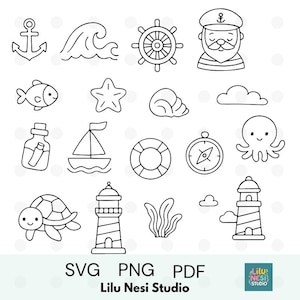 Peut inclure: Ensemble d'illustrations nautiques en noir et blanc, comprenant une ancre, des vagues, un gouvernail, un capitaine, un poisson, une étoile de mer, un coquillage, un nuage, une bouteille à message, un voilier, une bouée de sauvetage, une boussole, une pieuvre, une tortue, un phare et des algues. Le texte "SVG PNG PDF" et "Lilu Nesi Studio."