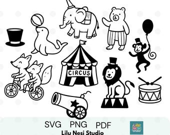 Circus Clipart SVG Set | Cute Animal Line Art | Minimalist Carnival Doodles | Circus Tent, Lion, Elephant, Seal PNG | Vector Illustrations