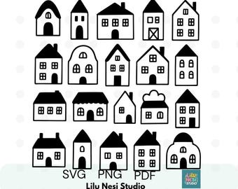 House Clipart Set | Cute Home SVG PNG PDF | Black and White Line Art | Village Building Outline | Coloring Page for Kids