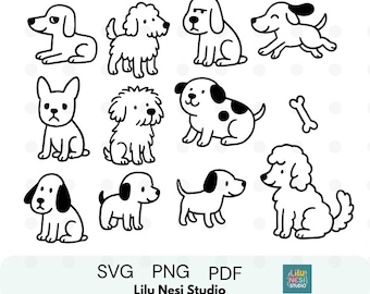 Conjunto de imágenes SVG y PNG de perros / Dibujos de perros adorables / Arte lineal en blanco y negro / Página para colorear de mascotas / Ilustración de cachorro / Diseño para amantes de los perros