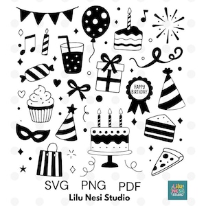 May include: A collection of black and white birthday-themed illustrations. Features a cake, cupcake, party hat, gift, balloon, musical notes, and the text "Happy Birthday". Also includes the text "SVG PNG PDF" and "Lilu Nesi Studio".