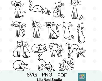 Cute Cat Line Art Clipart Set | Minimalist Cat SVG Bundle | Cat Outline PNG | Simple Cat Drawing | Cat Poses | Pet Lover Digital Download