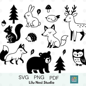 May include: A collection of black and white illustrations of woodland creatures such as a squirrel, rabbit, fox, bear, deer, owl, hedgehog, and bird. The image also features a pine tree, acorn, mushroom, and leaves. The image has the text "SVG PNG PDF" and "Lilu Nesi Studio".
