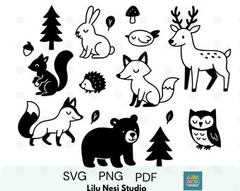 Forest Animal Clipart Set | Woodland Animals SVG PNG PDF | Black and White Line Art | Cute Animal Coloring Page | Kids Craft Illustrations