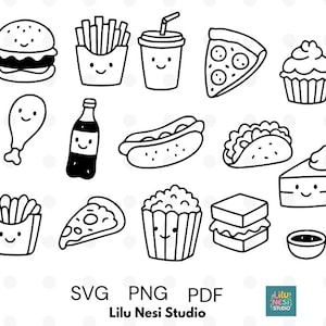 Peut inclure: Illustrations en noir et blanc de divers aliments de restauration rapide, dont un hamburger, des frites, une part de pizza, un cupcake, du poulet frit, un soda, un hot-dog, un taco, du pop-corn, un sandwich et un petit bol. Le texte "SVG PNG PDF" et "Lilu Nesi Studio" est inclus.