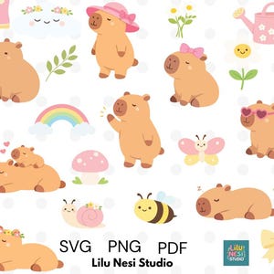 May include: A collection of cartoon capybaras in various poses, with accessories like hats, bows, and sunglasses. Other elements include a rainbow, flowers, a butterfly, and a bee. The design is in a cute, whimsical style, perfect for digital art projects.