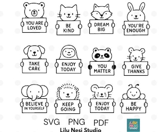 Line Drawing Bundle of Cute Cartoon Animal with Affirmations - 12 Minimalist Cute Animal SVG –  Cat, Dog, Bear–  Line Art PNG, PDF