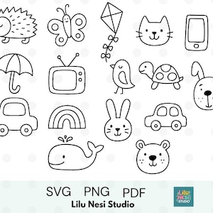 May include: A set of black and white line drawings featuring a hedgehog, butterfly, kite, cat, phone, umbrella, TV, bird, turtle, rabbit, car, rainbow, whale, and bear. The image includes the text "SVG PNG PDF" and "Lilu Nesi Studio".