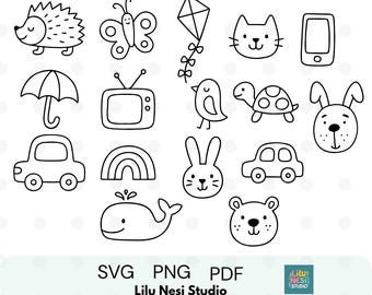 Cute Kids Doodle Clipart Set | Minimalist Line Art SVG | Simple Animal and Object Drawings | Car, Rainbow, Bunny, Cat, Whale PNG | Nursery
