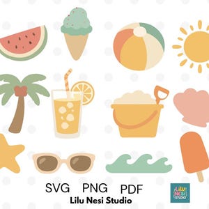 May include: A collection of summer-themed illustrations, including a watermelon slice, ice cream cone, beach ball, sun, palm tree, juice, sand pail, seashell, starfish, sunglasses, waves, and popsicle. The image also includes the text "SVG PNG PDF" and "Lilu Nesi Studio".