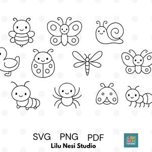 May include: Black and white line art illustrations of various insects and small creatures, including a bee, butterfly, snail, duck, ladybug, dragonfly, caterpillar, spider, moth, and ant. The image includes the text "SVG PNG PDF" and "Lilu Nesi Studio".