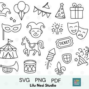 Op de afbeelding: Zwart-wit illustraties van objecten met een circus- en carnavals thema, waaronder een narrenkap, ballonnen, een banner, een feesthoed, een cadeau doos, een masker, een lachend narrengezicht, vuurwerk, theatermaskers, een ticket, een circustent, een paard, een vuurwerk, een schild, een lelie, een toeter, een trommel en confetti.