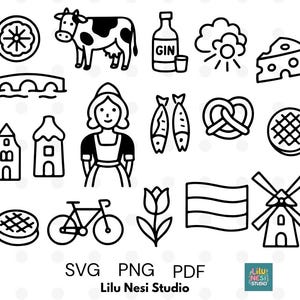 Könnte beinhalten: Schwarz-Weiß-Illustrationen niederländischer kultureller Symbole, darunter eine Kuh, eine Windmühle, Käse, eine Tulpe und ein Fahrrad. Das Bild enthält auch den Text "SVG PNG PDF" und "Lilu Nesi Studio".
