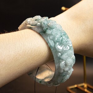 62mm Burmese Jade Bangle Bracelet –Grade A Natural Jadeite, Hand-Carved Floral Motif, Ice White Green Gray “Moss in Snow” Lucky Amulet Stone