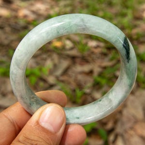 58MM Authentic Grade A Burmese Myanmar Jadeite Bracelet — Light Green with Natural White Veins | Spiritual Amulet & Symbol of Good Luck