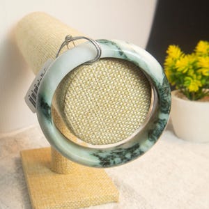 58MM Authentic Grade A Burmese Jadeite Bangle – Light White with Green Stripes | Natural Stone Feng Shui Amulet for Luck & Positive Energy