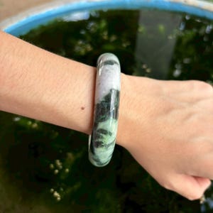 62MM Genuine Grade A Burmese Jadeite Jade Bracelet Bangle–Dark & Light Green Snow Moss Multicolor Jade | Spiritual Lucky Gift for Her Amulet