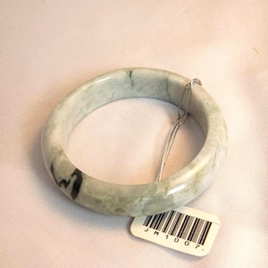 56mm Genuine Burmese Jade Bracelet – Grade A Jadeite Bangle with Light Green, White & Natural Forest Green Pattern, Authentic Jewelry Amulet