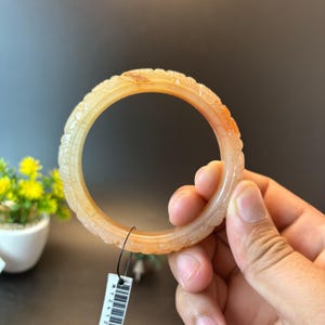 61MM Authentic Grade A Burmese Jadeite Bangle– Hand-Carved Floral Motif in Gradient Orange to Honey-Yellow | Natural Jade Good Luck Talisman