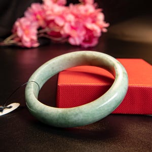 56MM Natural Grade A Burmese Jadeite Jade Bangle Moss in Snow Hand-Carved Translucent Jadeite Bracelet in Green White Feng Shui Luck Healing