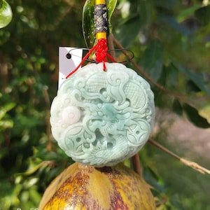 May include: A round, pale green jade pendant with intricate dragon carvings. The pendant is suspended by a red cord and a yellow and black braided cord. The background is blurred, showing green foliage and a yellow and brown fruit.