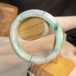 62mm Genuine Grade A Burmese Jade Bracelet – Natural Ice Jade with Lucky Charm | Milky Apple Green & White Marble | Untreated Hand-Carved