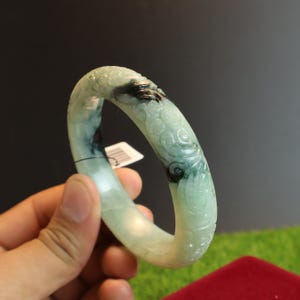 61MM Genuine Grade A Burmese Jadeite Jade Bracelet – Hand-Carved Floral Motif – Multicolor Green & Honey Jadeite Symbol of Growth Abundance