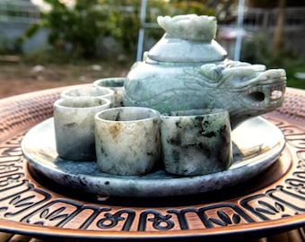 Jadeite Tea Pot Set, Hand Carved Chinese Antique, Natural Grade A