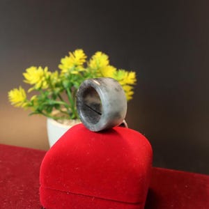 9 3/8US Wide Burmese Jade Ring Genuine Grade A Untreated Jadeite Jade Green with Golden Marbling, Unisex Spiritual Jewelry, Amulet Luck