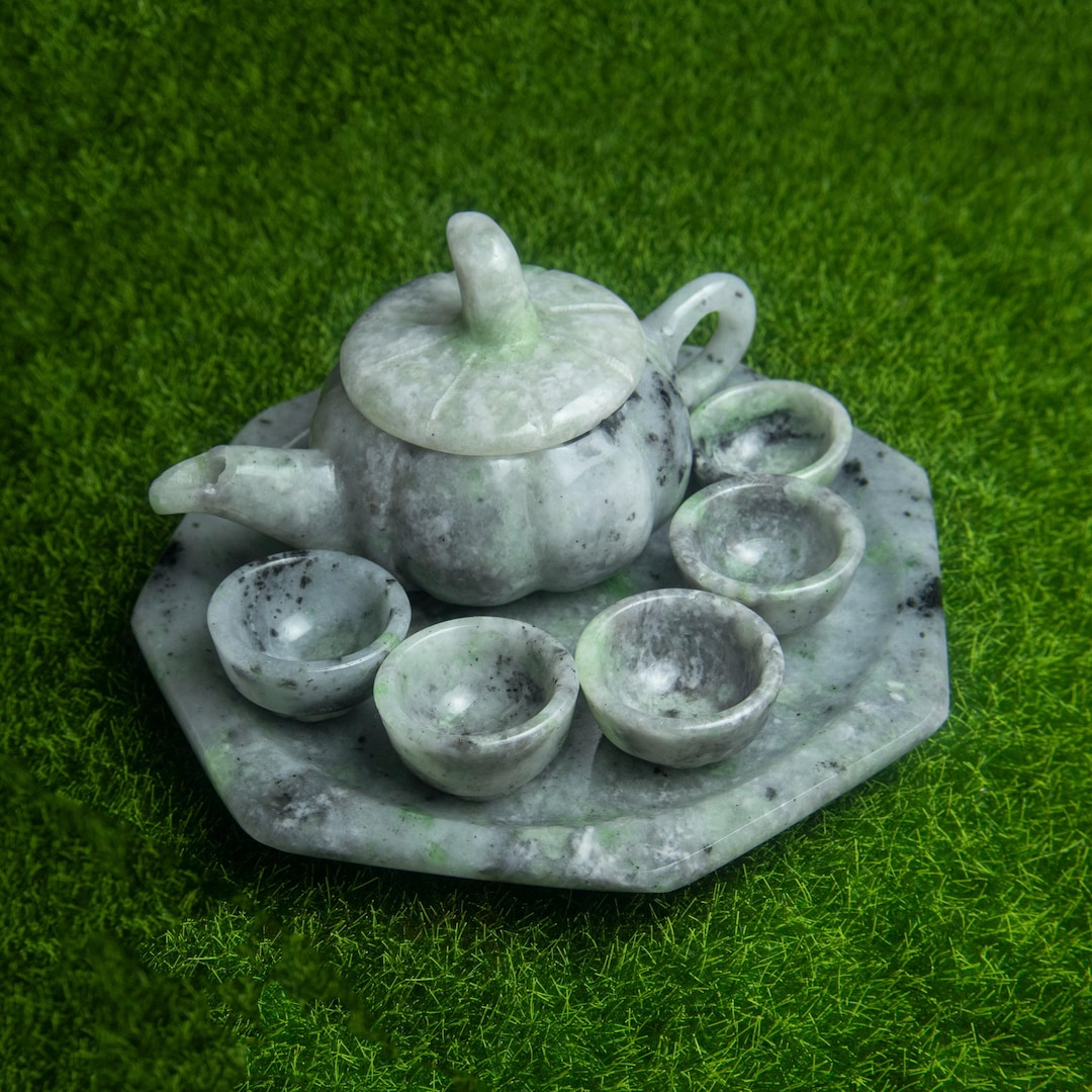 56mm Authentic Grade A Burmese Jadeite Tea Set – Hand-carved Teapot, 5 ...
