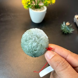 49.7MM Hand-Carved Natural Dark Green Burmese Jadeite Jade Pendant – Dragon with Crystal Ball for Feng Shui Protection & Prosperity, Amulet