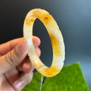 62MM Authentic Burmese Jade Bracelet Rare Brown-Yellow Translucent Jadeite with Hand-Carved Floral Blessing Motif Harmony Spiritual Strength