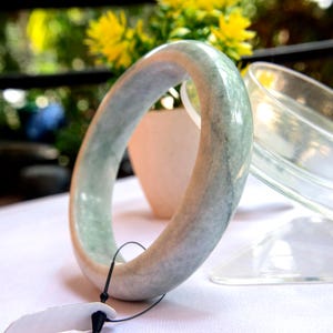 61mm Genuine Burmese Jadeite Bangle Bracelet – Grade A Green & White with Natural Marble Pattern | Pure, Untreated Myanmar Jade, Amulet Luck