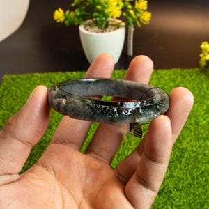 54mm Lucky Fish & Lotus Bracelet Bangle – Grade A Genuine Burmese Jadeite Jade Symbol of Prosperity, Strength, Spiritual Growth, Amulet Luck