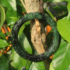 55MM Authentic Grade A Burmese Jadeite Bracelet with Hand-Carved Floral Motifs Elegant Natural Dark Green White Jade Jewelry Symbolizing