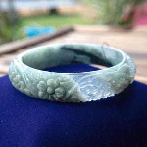 58mm Grade A Burmese Jade Bangle Bracelet Natural Moss in Snow Jadeite Hand-Carved Jasmine Flower Green White Translucent Spiritual Gif