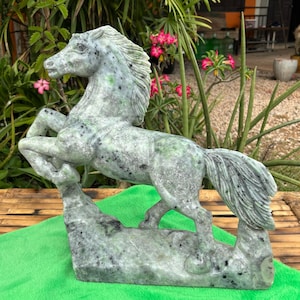 15 kg Hand-Carved Jadeite Horse Statue | Grade A Icy Green Jadeite | Feng Shui Sculpture for Luck, Success & Prosperity, jade Amulet Luxury