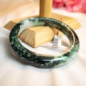 62MM Genuine Grade A Burmese Jadeite Bangle Bracelet–Natural Ice Jade Lucky Charm | Black, Apple Green & White Marble | Untreated, Authentic