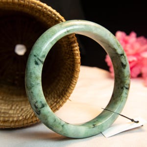 62MM Genuine Burmese Jadeite Jade Bracelet – Light Green with Snowy White Marbling | Grade A Natural Untreated Stone | Spiritual Lucky Charm