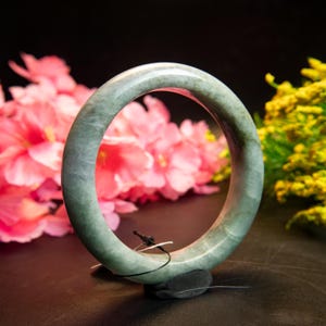 54mm Genuine Grade A Burmese Jadeite Jade Bracelet Hand-Carved Dark Green White Veined Jadeite Bangle for Luck Prosperity Healing Spiritual