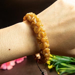 61MM Authentic Grade A Burmese Jadeite Bracelet Hand-Carved Floral Design Natural Brown Honey Yellow Quartz Jade Spiritual Lucky Charm Gift