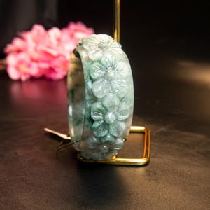 61mm Natural Grade A Burmese Jadeite Jade Bangle Hand-Carved Pikul Flower Motif Ice White Deep Green Translucent Gray Lucky Amulet Spiritual